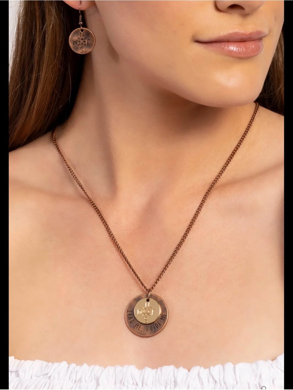 Inspirational Copper-Tone Compass Pendant Necklace earrings “lead me guide me”